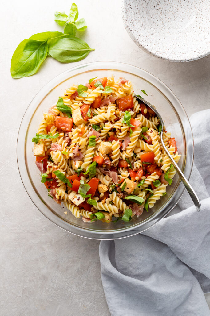 Caprese Pasta Salad with Prosciutto - Nourish and Fete