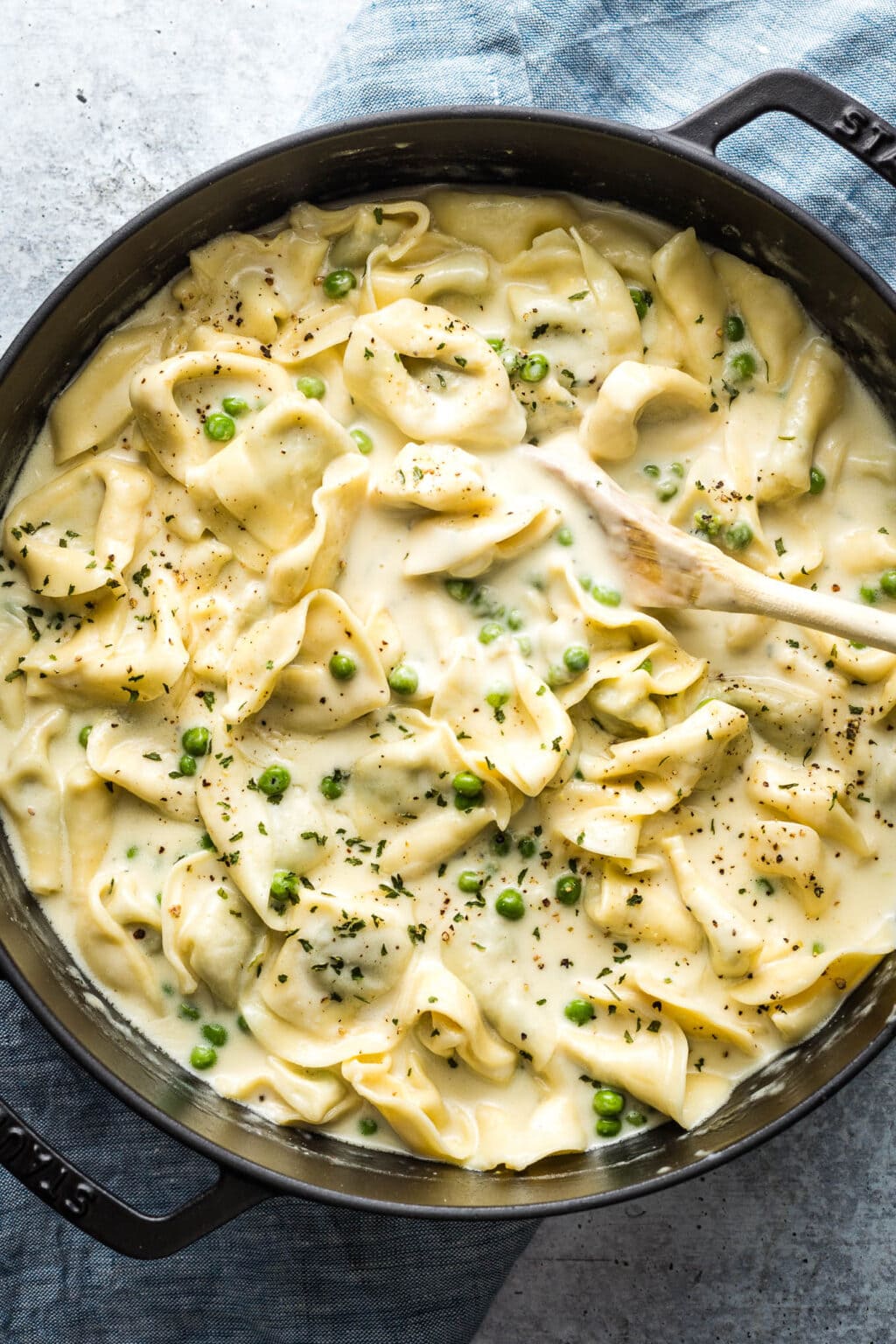 Creamy Tortellini Alfredo with Peas - Nourish and Fete