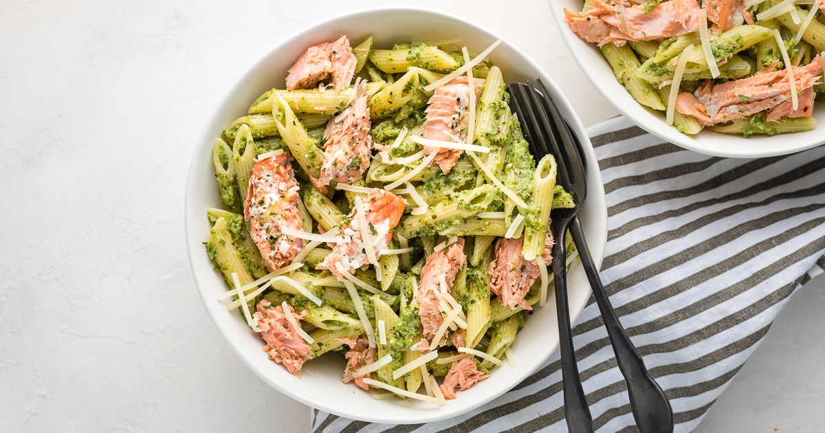 Salmon Pesto Pasta (in 25 minutes!) - Nourish and Fete