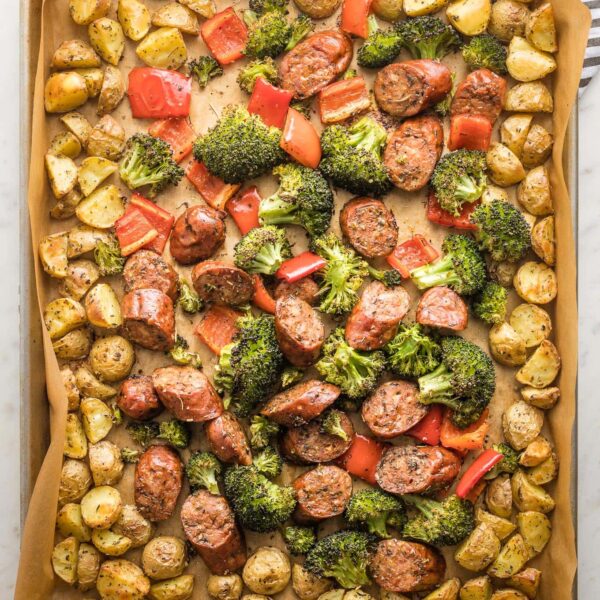 Sheet Pan Chicken Sausage with Broccoli, Peppers, and Potatoes ...