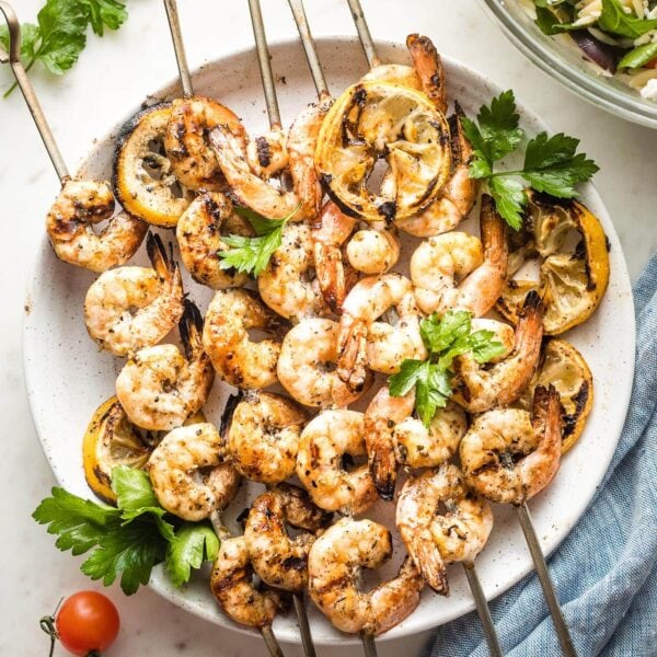 Greek Shrimp Skewers with Orzo Salad - Nourish and Fete