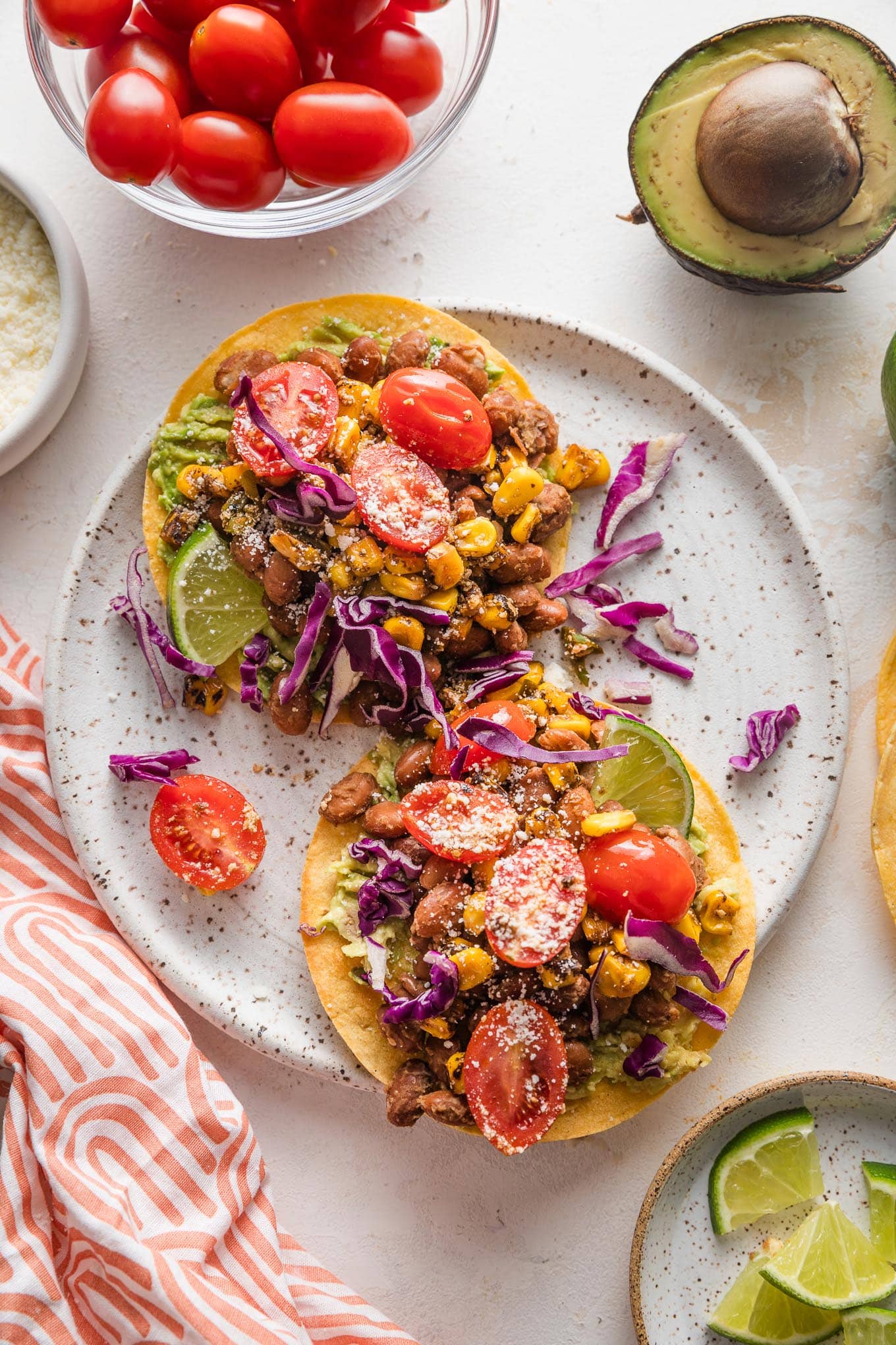 Pinto Bean Tostadas with Tomato Corn Salsa - Nourish and Fete